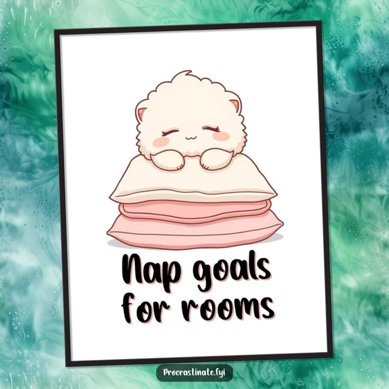 Funny Digital Art Print of a fluffy creature sleeping peacefully on pillows, with a soft smile, radiating ultimate relaxation.