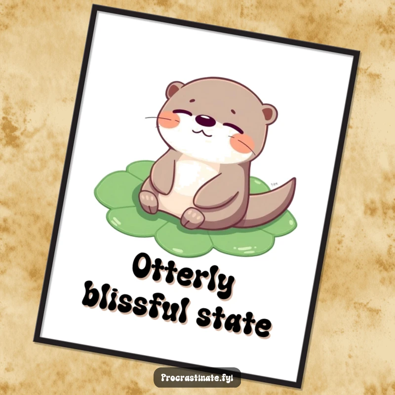 Funny otter digital art print of a cheerful creature floating on a lily pad, eyes closed, perfect for serene decor.