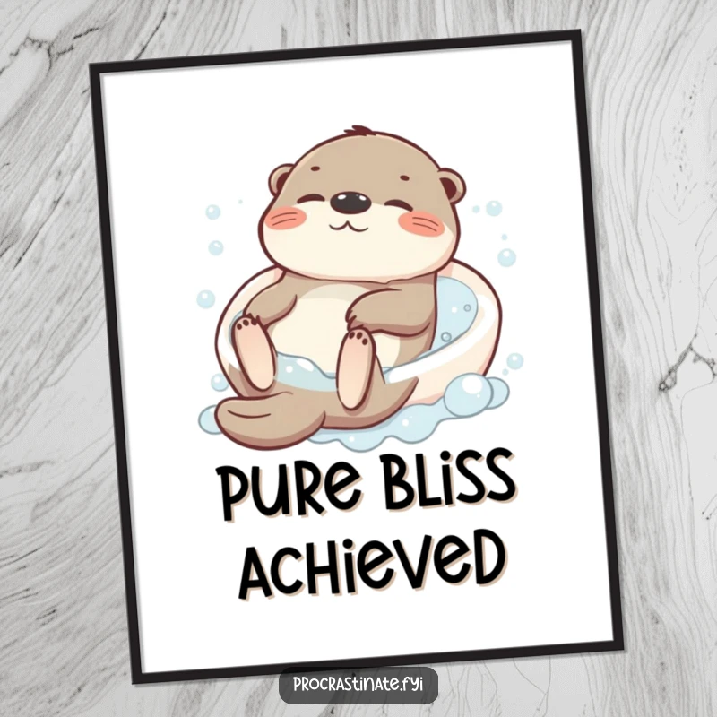Funny digital art print capturing a blissfully relaxed otter character floating on its back in a bubbly bath, radiating peace.