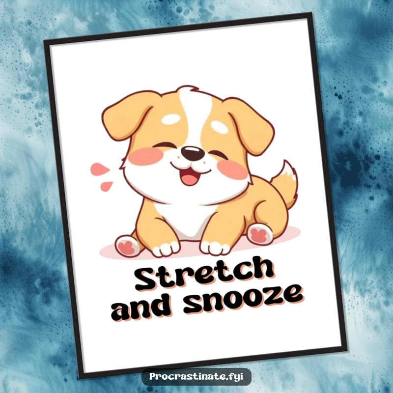 Funny happy dog digital art print of a contented dog character stretching lazily with a happy sigh. Instant relaxing decor.