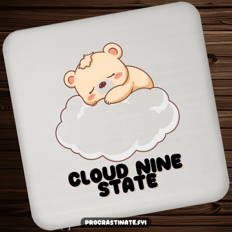 Funny sleepy bear cub napping on a cloud, a cute and humorous design on a protective drink coaster.