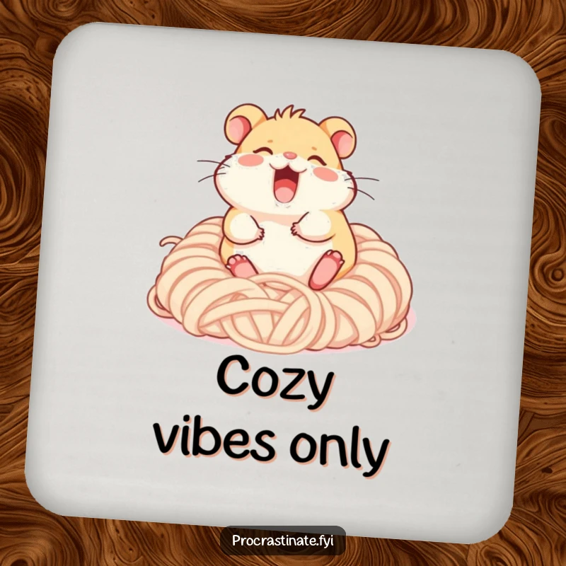 Funny giggling hamster character rolling happily in a pile of soft yarn, protecting surfaces with these adorable drink coasters.