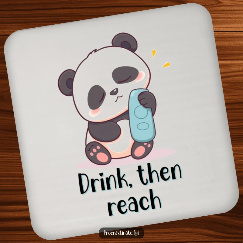 Funny drink coaster featuring a sleepy panda making a great effort to reach for a remote control, protecting surfaces.