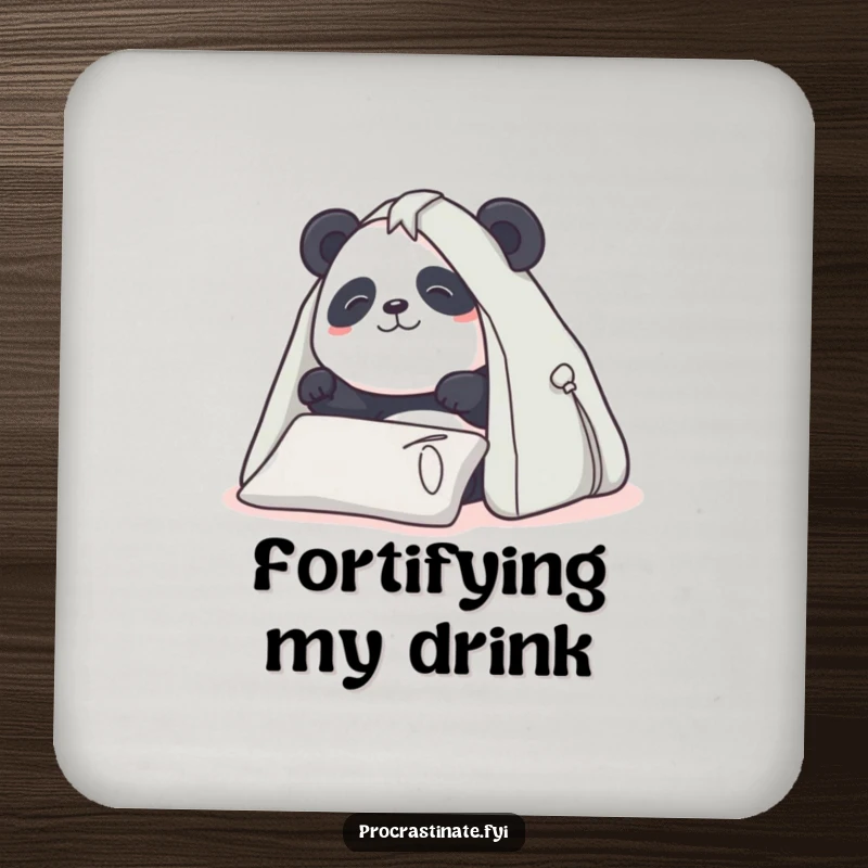 Funny Panda Coasters: Determined panda building a pillow fort, protects surfaces, cute and funny gift.