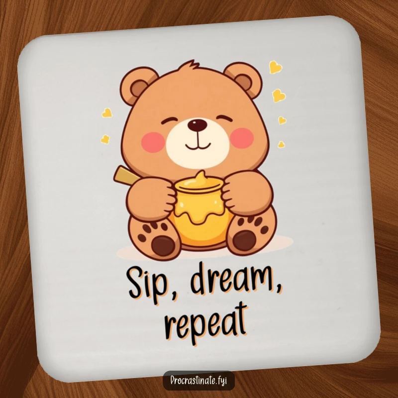Funny bear coaster depicting a smiling bear dreaming of a honey pot, perfect for protecting surfaces with humor.