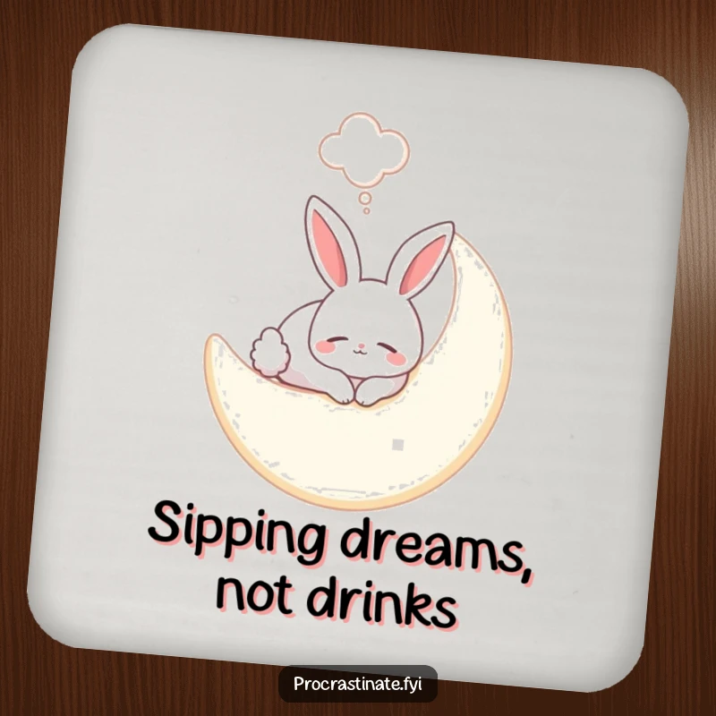 Funny bunny coaster with a smiling bunny sleeping on a soft moon, a dream bubble adding to its serene, magical charm.