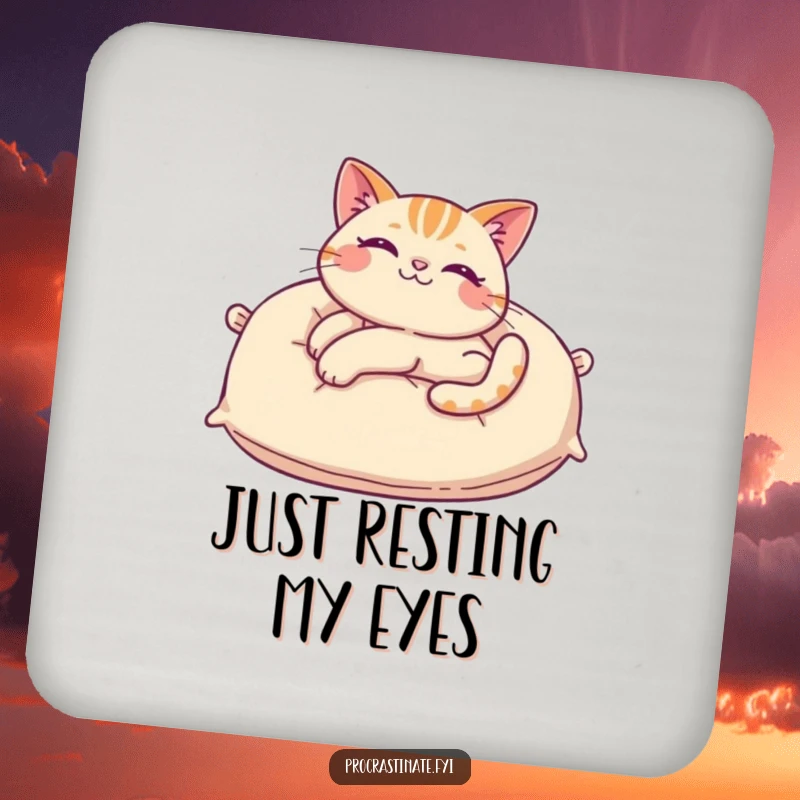 Funny cat coaster with a cheerful cat stretching languidly on a giant pillow, protecting surfaces with a dose of feline humor.