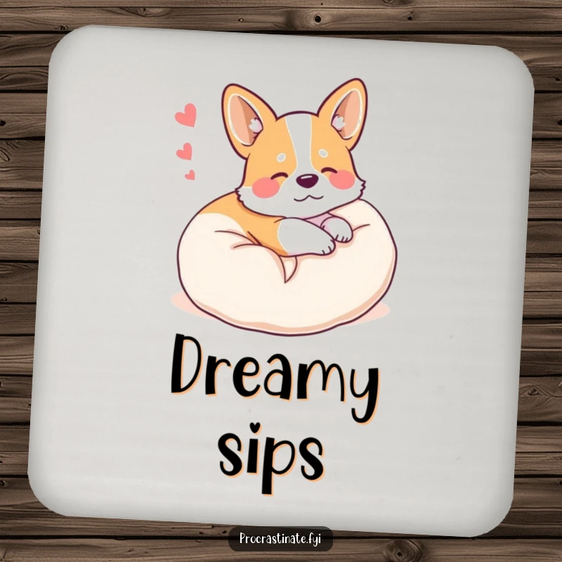 Funny happy corgi curled up on a plush pillow, dreaming, a cute and humorous design on a protective drink coaster.