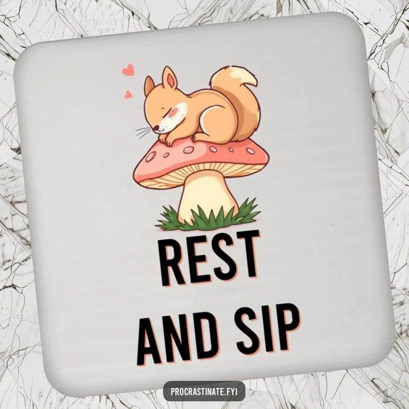 Funny dozing squirrel curled up asleep on a giant mushroom cap, serving as a humorous and protective drink coaster.