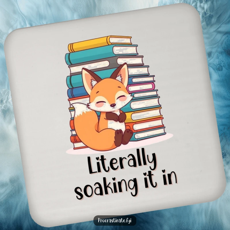 Funny relaxed fox leaning comfortably against a huge pile of books, looking content and scholarly on this protective drink coaster.