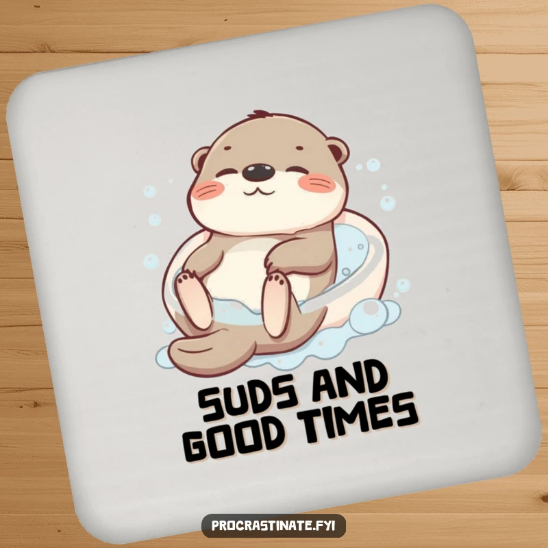 Funny drink coaster showing a content otter character floating on its back in a bubbly bath, protecting surfaces with humor.