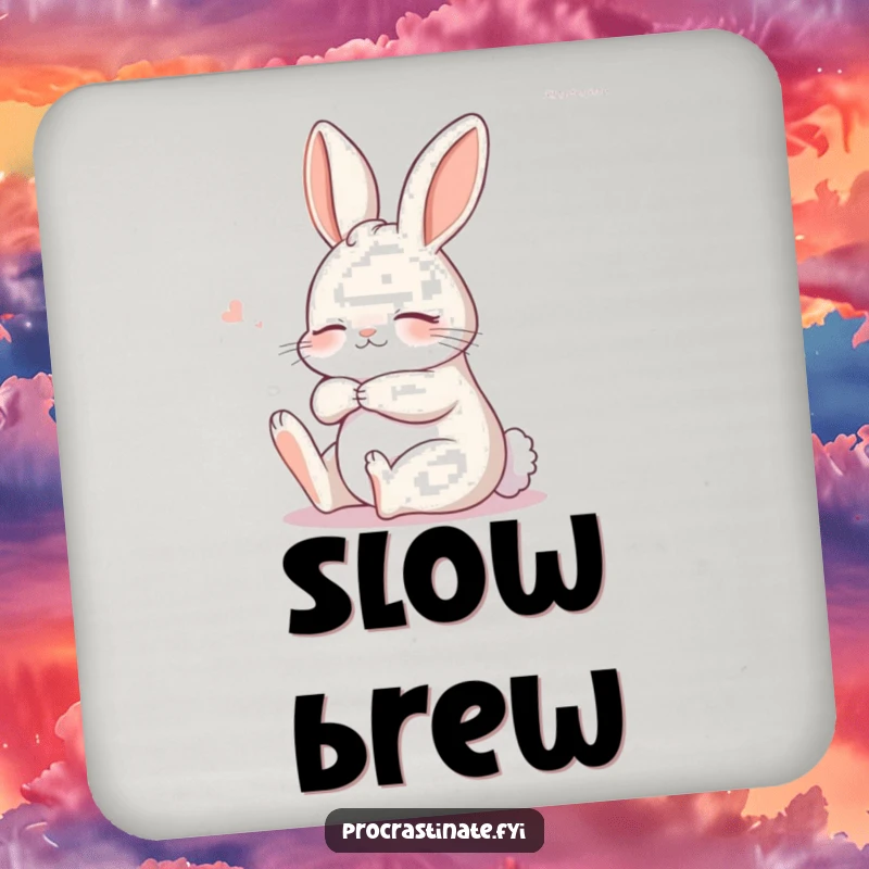Funny sleepy bunny in a relaxed stretch, perfect for a peaceful and functional drink coaster.