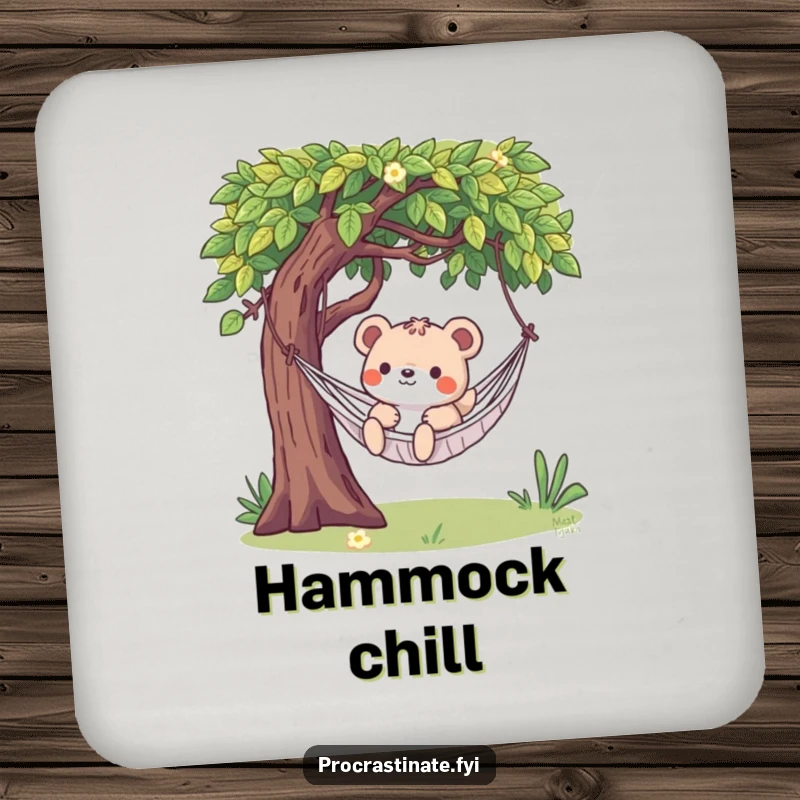 Funny drink coaster featuring a playful animal character relaxing in a hammock, adding a humorous touch to your table.