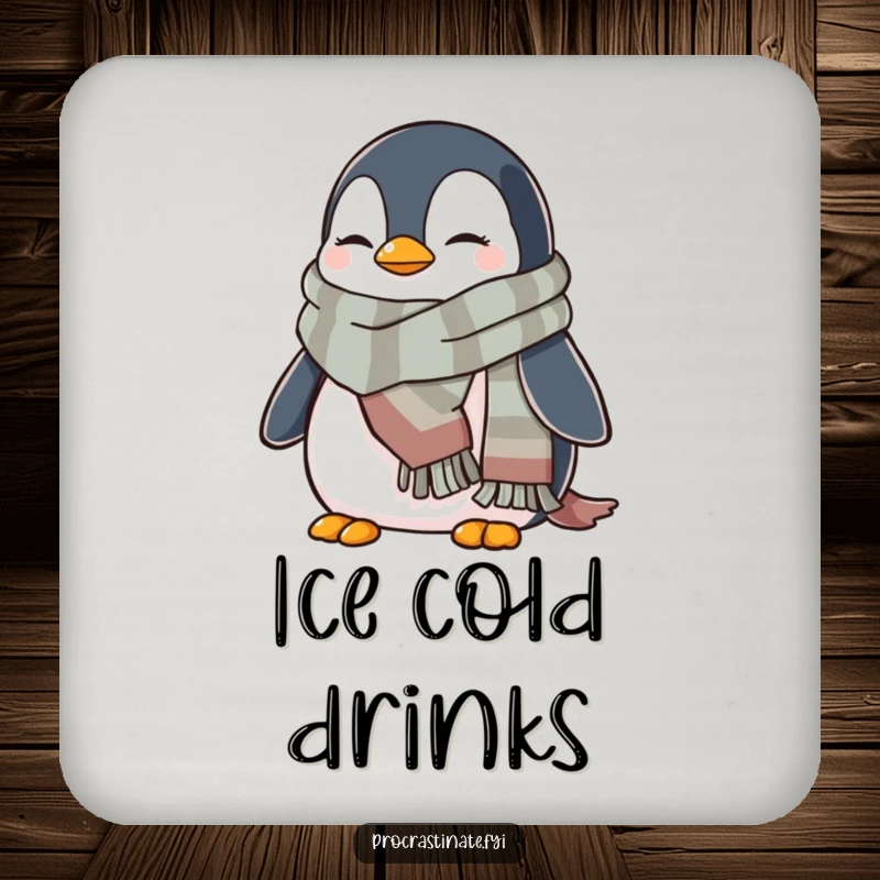 Funny penguin coaster featuring a relaxed penguin wrapped in a warm scarf, protecting surfaces with wintery humor.