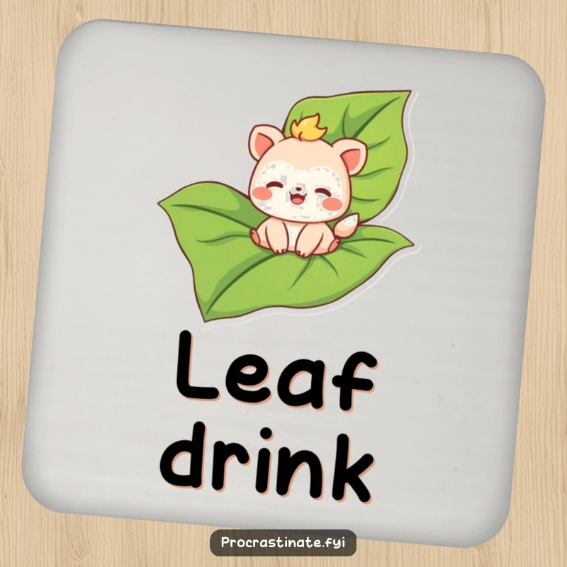 Funny drink coaster featuring a joyful animal character floating on a large leaf, adding humor and protection.