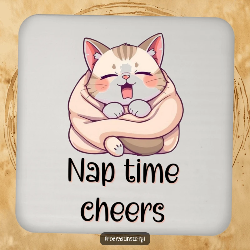 Funny Sleepy Cat Yawning Coaster, a cat tangled in a blanket, a humorous and cozy addition to any table.