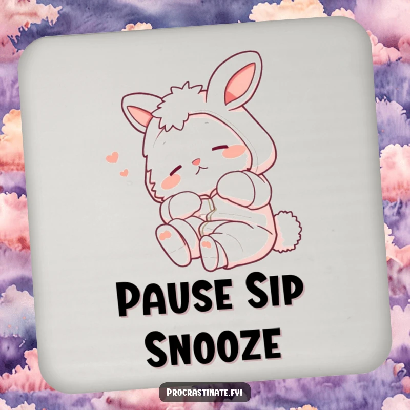 Funny bunny in pajamas stretching lazily, a cute and humorous design on a protective drink coaster.