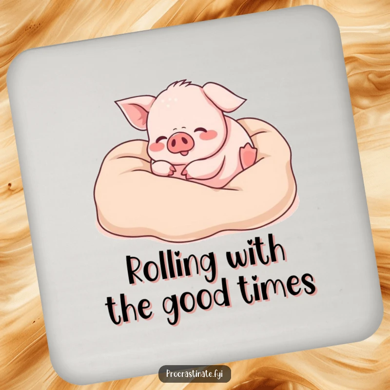 Funny piglet coaster with a happy piglet rolling in soft blankets, protecting surfaces with charmingly cozy humor.