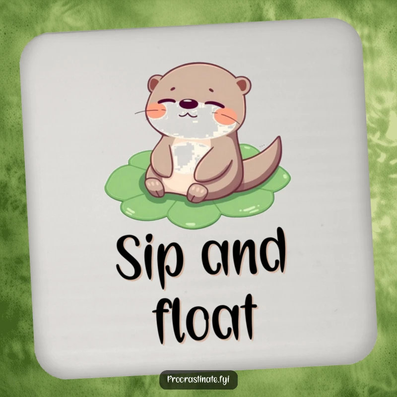 Funny otter coaster showing a cheerful creature floating on a lily pad with eyes closed, a humorous way to prevent drink rings.