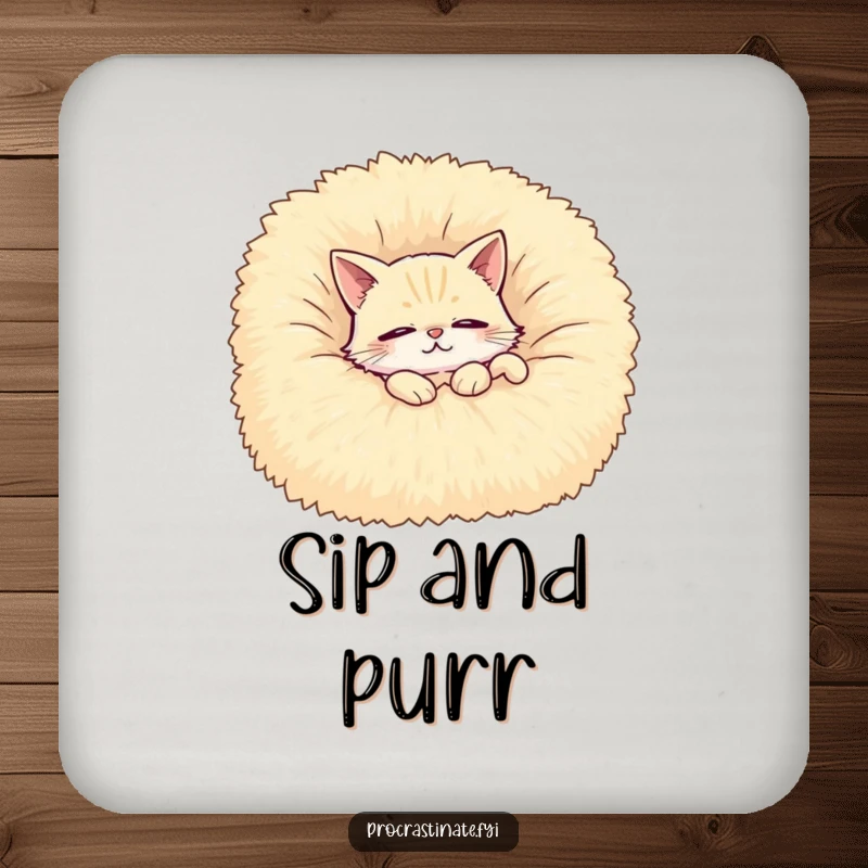 Funny drink coaster featuring a contented cat lounging on a giant, fluffy blanket, protecting surfaces with feline charm.