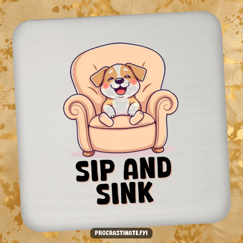 Funny drink coaster featuring a cheerful dog sighing happily while sinking into a giant comfy armchair, protecting surfaces.
