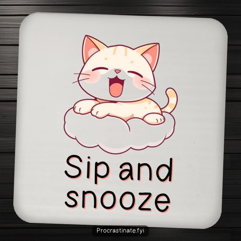 Funny yawning cat coaster with a cute, kawaii cat on a cloud, peacefully yawning, adding peaceful cartoon charm to your surfaces.