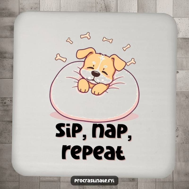 Funny dog coaster showing a relaxed dog lounging on a giant pillow, dreaming of bones, a humorous accessory for tables.