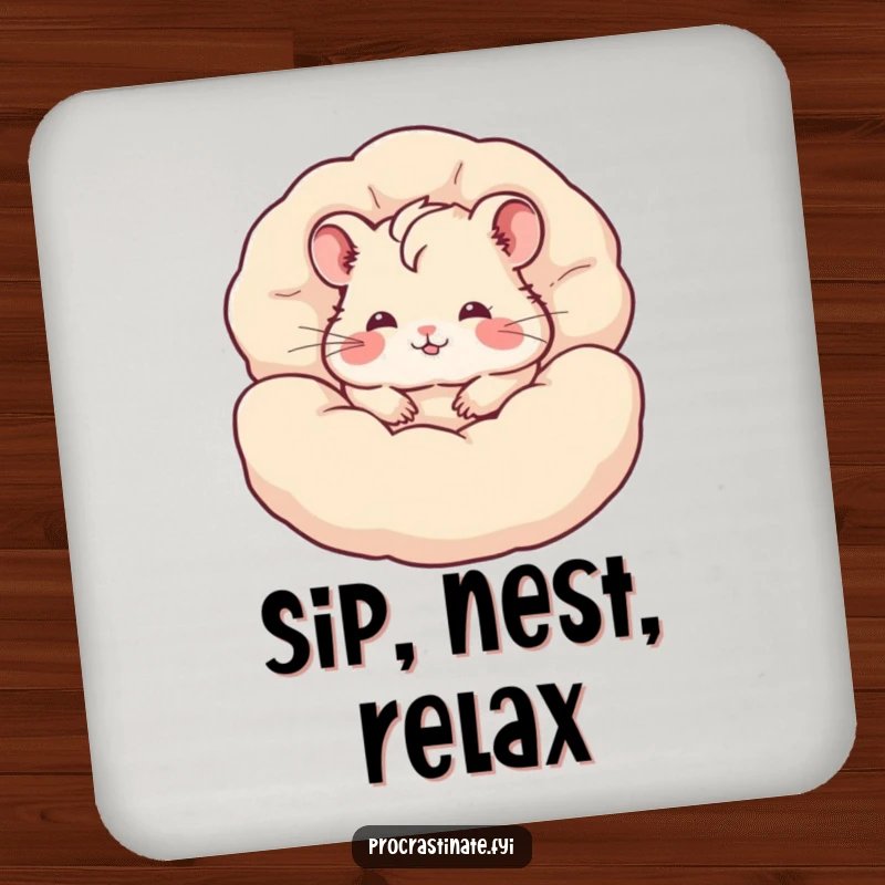 Funny hamster coaster with a content hamster burrowed deep within a pile of fluffy pillows, a humorous and cute accessory for tables.