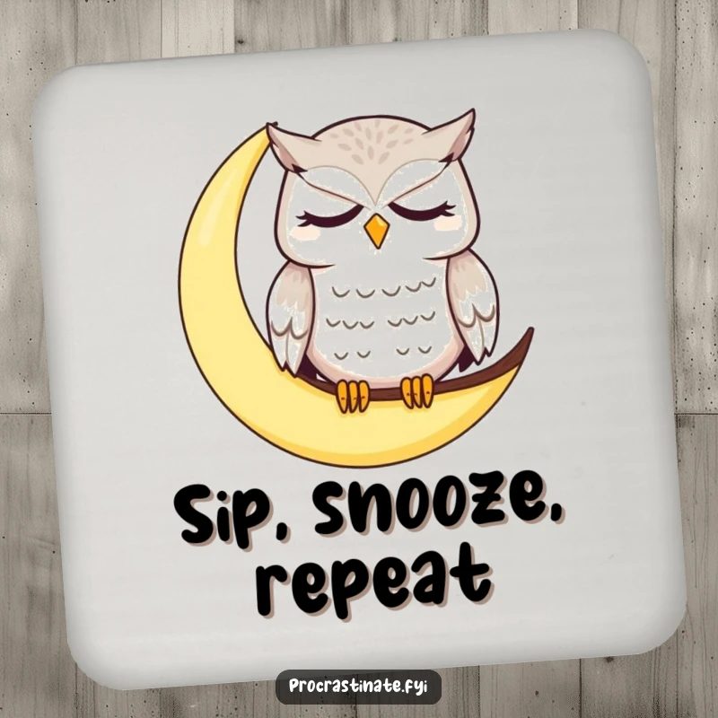 Funny owl coaster with a dazed, sleepy owl on a crescent moon, providing humorous surface protection.