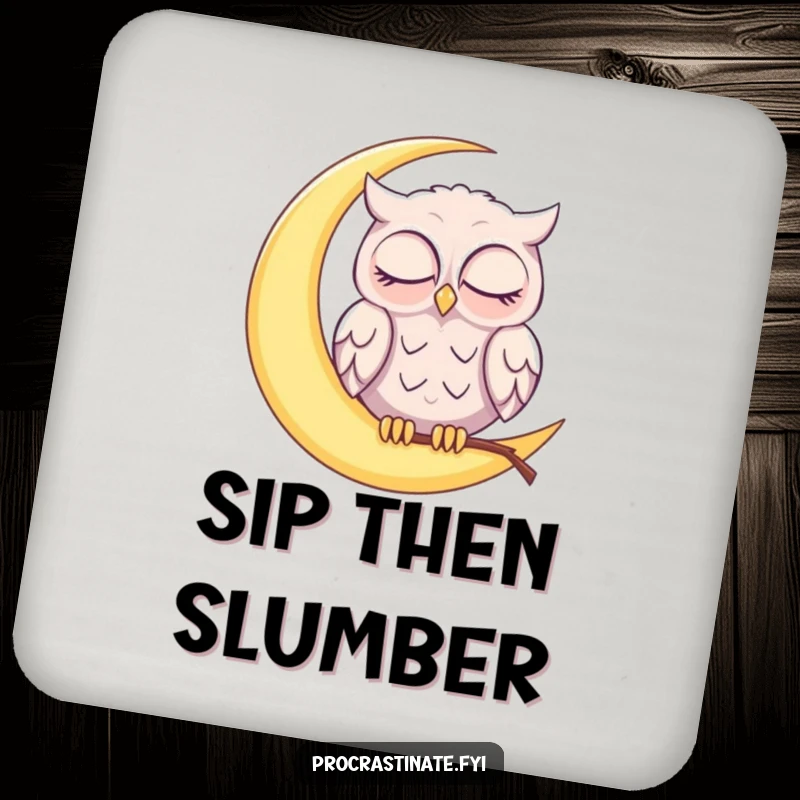 Funny sleepy owl perched on a glowing crescent moon, gently nodding off with half-closed eyes on this protective drink coaster.
