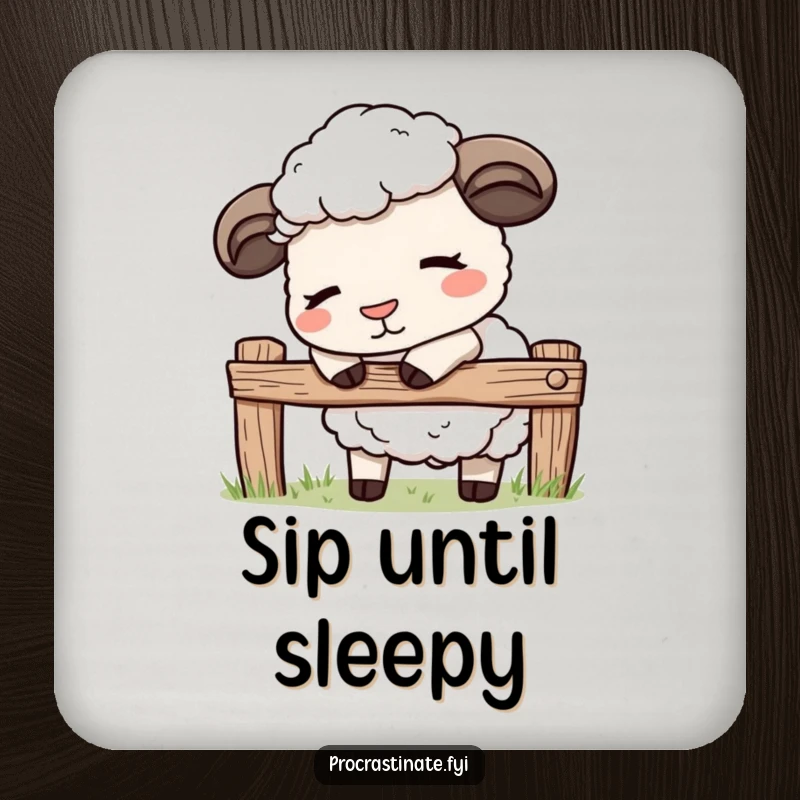 Funny kawaii sheep drink coaster showing a cute sheep gently nodding off by a fence, protecting surfaces with charm.