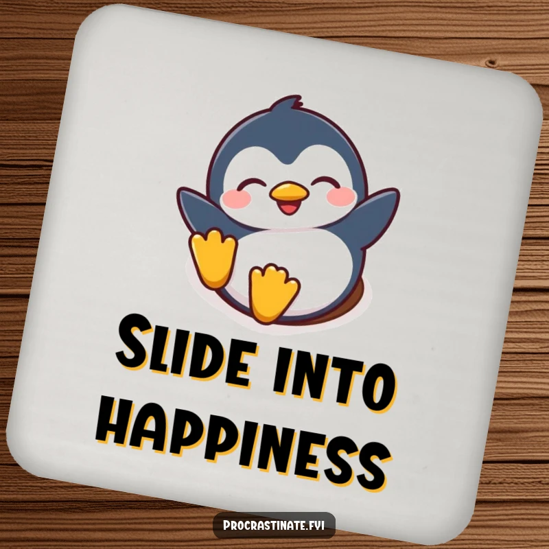 Funny drink coaster showing a happy penguin character sliding down a snowy hill with eyes closed, protecting surfaces with humor.