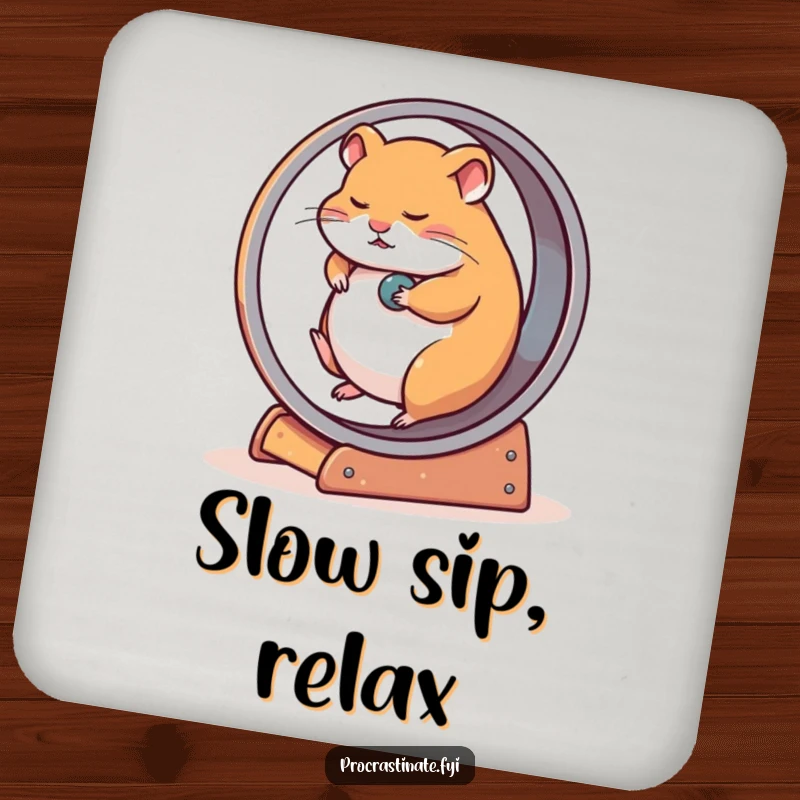 Funny drink coaster showing a tired hamster slowly rolling on an oversized wheel, offering humorous surface protection.