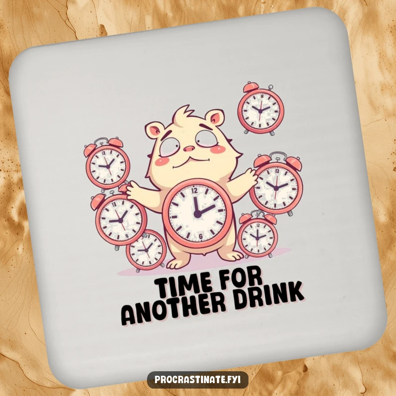 Funny Coaster featuring a creature hilariously juggling ticking alarm clocks, offering protective charm with a humorous, chaotic vibe.