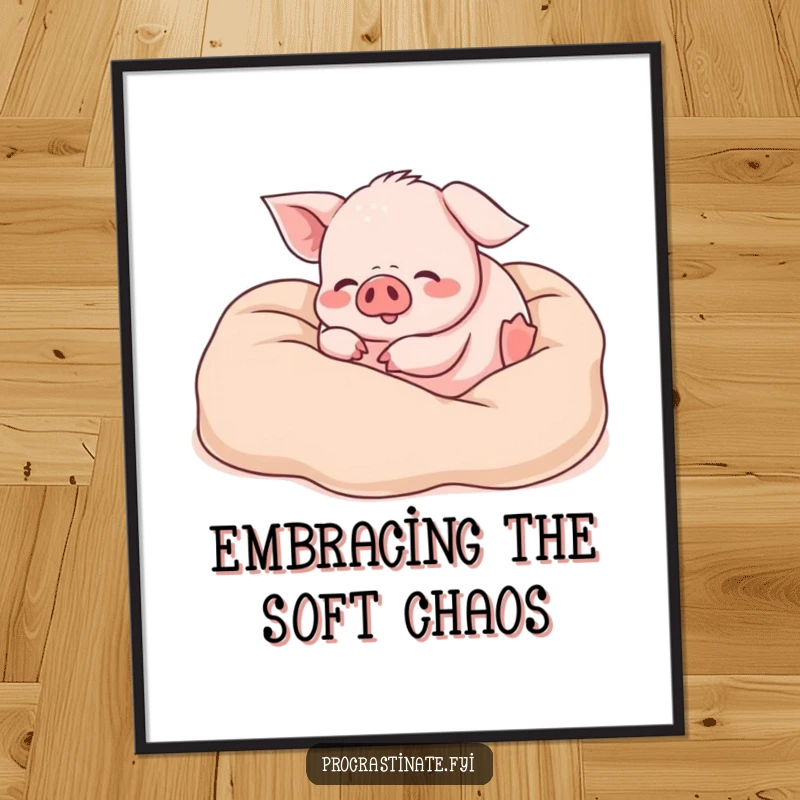 Funny piglet poster showcasing a happy piglet rolling around in a pile of soft blankets, creating a whimsical and heartwarming piece of art.