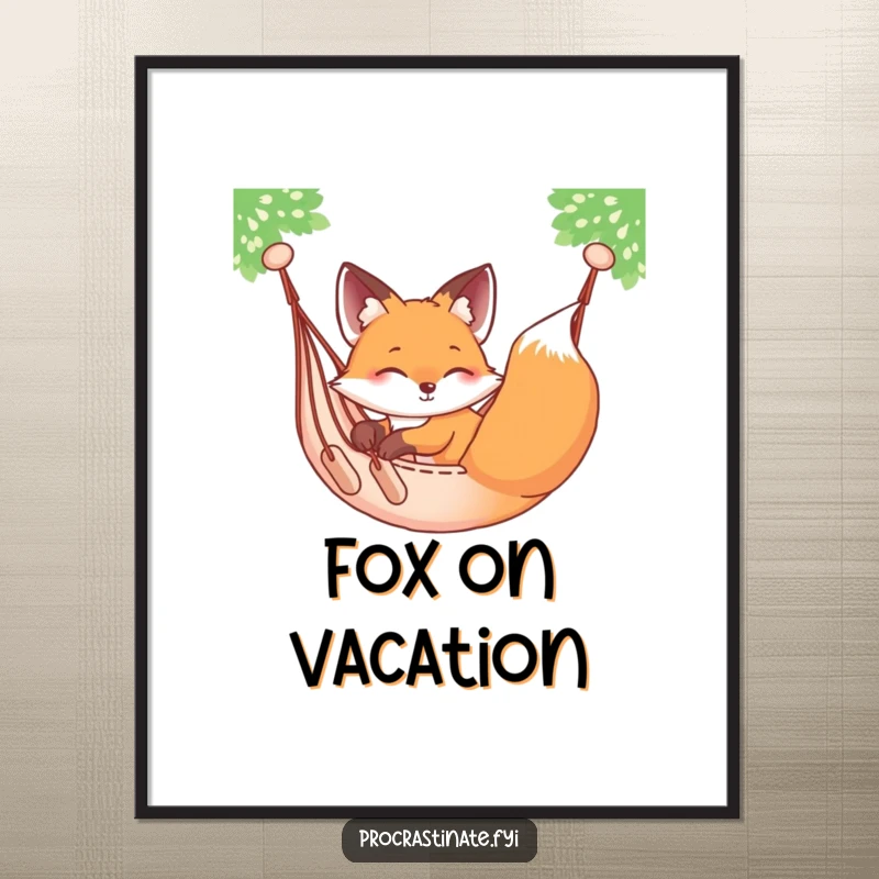 Funny relaxed fox sprawled on a hammock, gently swaying, displayed as a vibrant wall art poster.