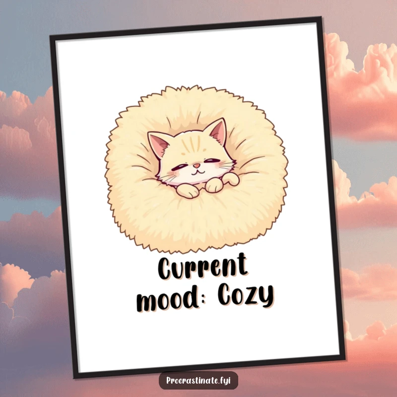 Funny poster print of a contented cat lounging with eyes half-closed on a giant, fluffy blanket, ideal wall art.