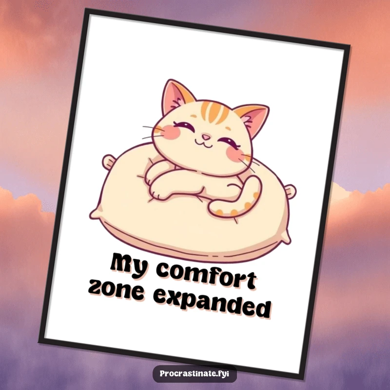 Funny cat poster showcasing a cheerful cat stretching languidly on an enormous pillow, creating a humorous and cozy piece of wall art.