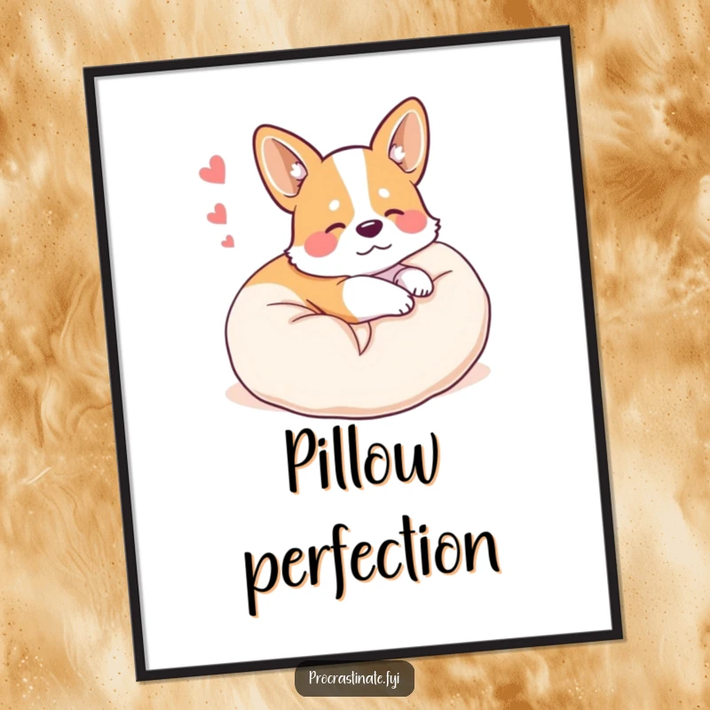 Funny happy corgi curled up on a plush pillow, dreaming, displayed as a delightful wall art poster.