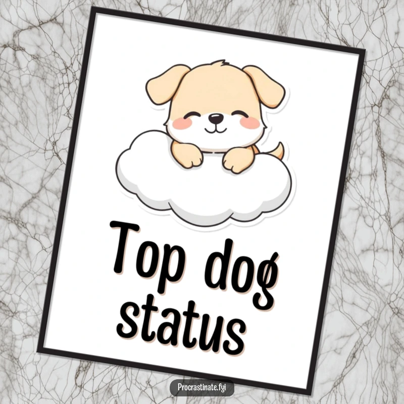 Funny dog cloud poster featuring a happy dog character lounging with a gentle smile on a soft cloud, perfect for cheerful decor.