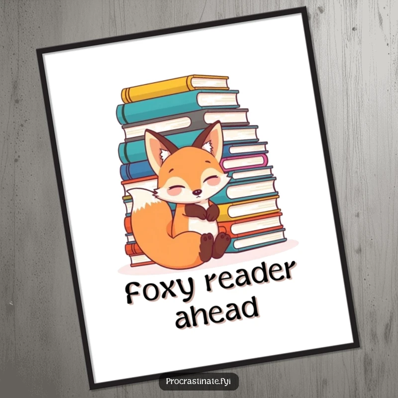 Funny relaxed fox leaning comfortably against a huge pile of books, looking content and scholarly on this delightful wall art.