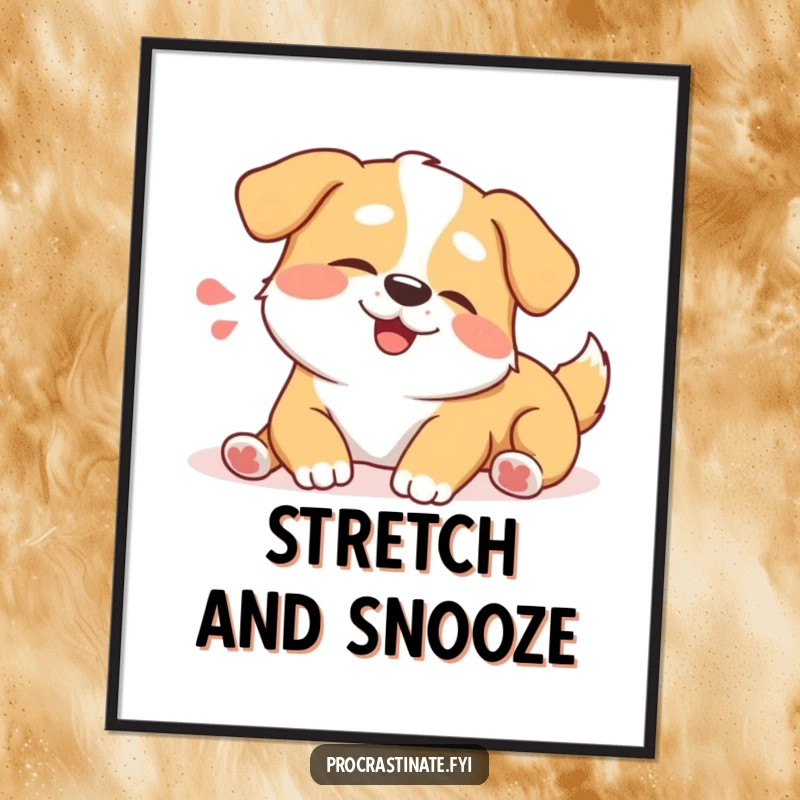 Funny happy dog poster depicting a content dog character stretching lazily and sighing happily. Relaxing wall art.