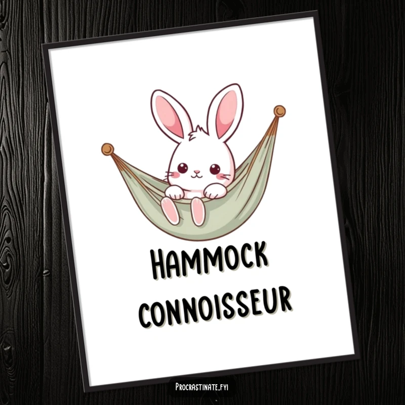 Funny kawaii rabbit comfortably lounging in a hammock, a serene and cute wall art poster.