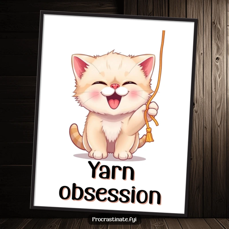 Funny giggling kitten playfully batting at a dangling string of yarn, displayed as a delightful wall art poster.
