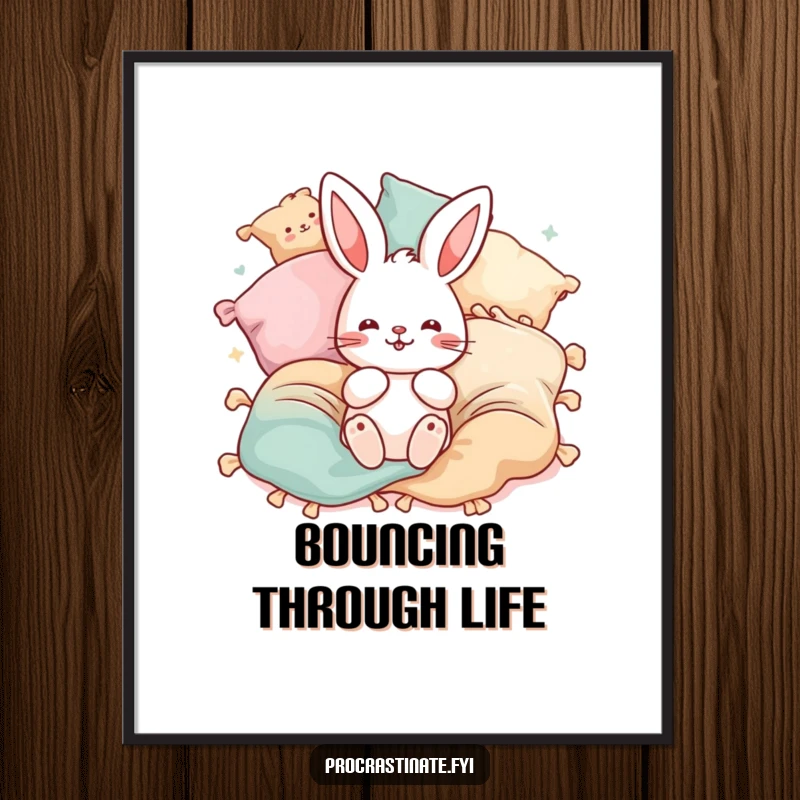 Funny playful bunny pillow poster depicting a cute bunny character surrounded by bouncy blankets and pillows. Whimsical decor.