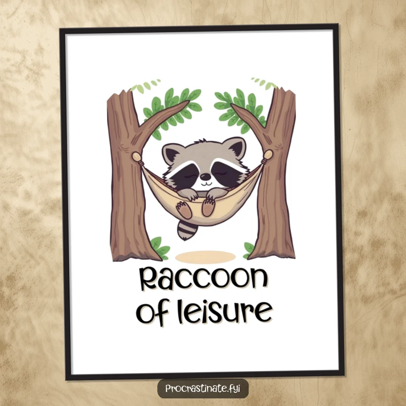 Funny happy raccoon deeply asleep in a cozy hammock strung between two trees, looking utterly content on this delightful wall art.