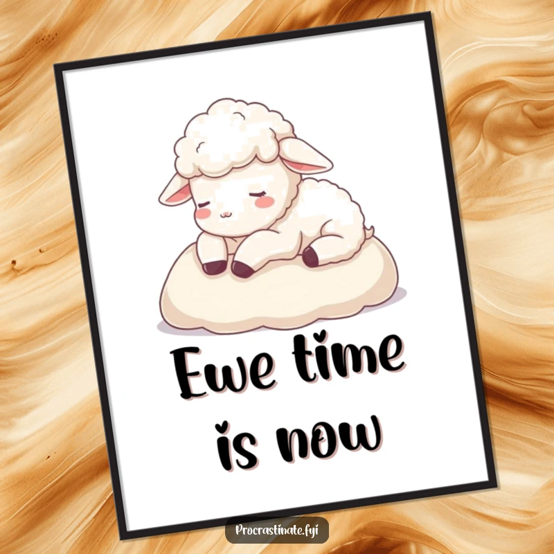 Funny sheep poster capturing a calm sheep resting its head on a soft blanket, perfect for serene and humorous wall decor.