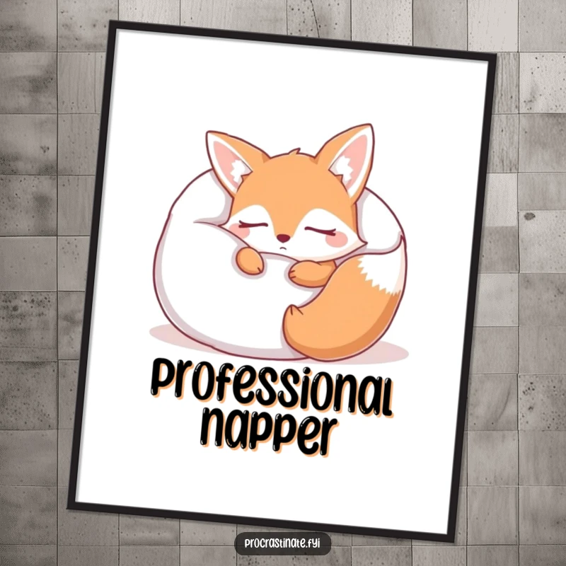 Funny sleepy fox poster depicting a cute fox character sound asleep, snuggled entirely within a colossal, fluffy pillow. A serene and humorous scene.