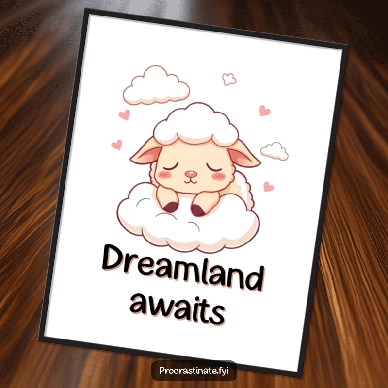 Funny poster print of a content cartoon sheep counting fluffy clouds and falling asleep, peaceful art.