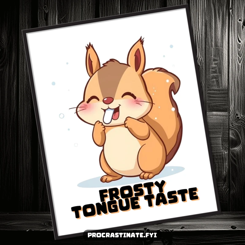 Funny Squirrel Poster: Joyful animal catching snowflakes with its tongue, winter art, cute and charming, perfect funny gift.